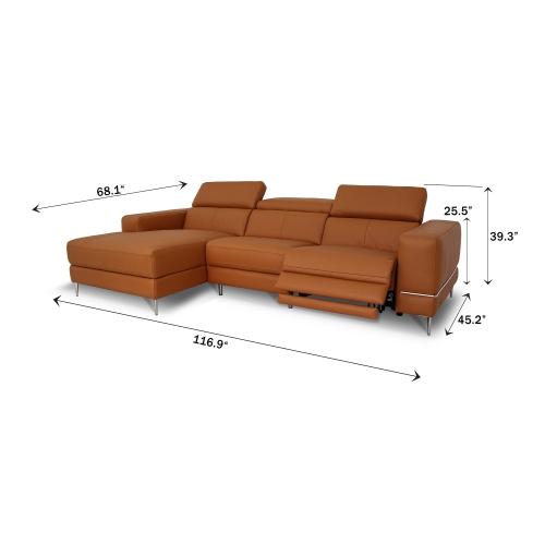 Luxana Home Sofa Lounge 3-Seater Left Chase Premium Leather Sculpted High-Density Foam Cushions Chrome-Finished Metal Legs Recliner Modern– Cognac