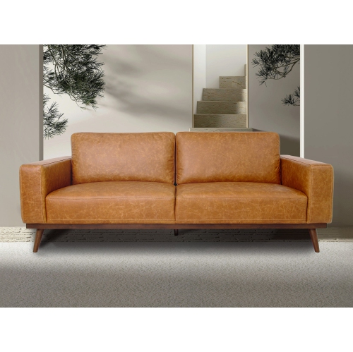Luxana Home Sofa 3-seater Full Top-Grain Aniline Leather with a Buttery Matte Finish High-Density foam with Fiber and Feather Solid Oak Legs– Cognac
