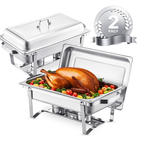 VEVOR 8 Qt 2 Pack Chafing Dish Buffet Set, Stainless Steel Chafer with 2 Full Size Pans, Rectangle Catering Warmer Server with Lid Water Pan Stand