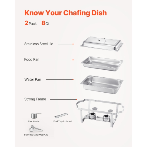 VEVOR 8 Qt 2 Pack Chafing Dish Buffet Set, Stainless Steel Chafer with 2 Full Size Pans, Rectangle Catering Warmer Server with Lid Water Pan Stand