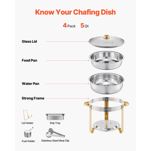 VEVOR 5 Qt 4 Pack Chafing Dish Buffet Set, Stainless Steel Chafer with 4 Full Size Pan, Round Catering Warmer Server with Glass Lid Water Pan Folding
