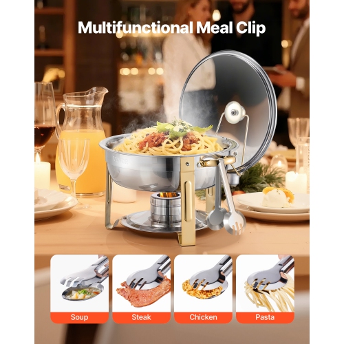 VEVOR 5 Qt 4 Pack Chafing Dish Buffet Set, Stainless Steel Chafer with 4 Full Size Pan, Round Catering Warmer Server with Glass Lid Water Pan Folding