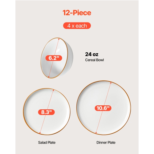VEVOR 4 People Dinnerware Set,Round Plates and Bowls Sets, Scratch Resistant Ceramic Dinner Ware, Dishwasher and Microwave Suitable Kitchen Dishes,