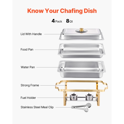VEVOR 8 Qt 4 Pack Chafing Dish Buffet Set, Stainless Steel Chafer with 4 Full Size Pans, Rectangle Catering Warmer Server with Glass Lid Water Pan