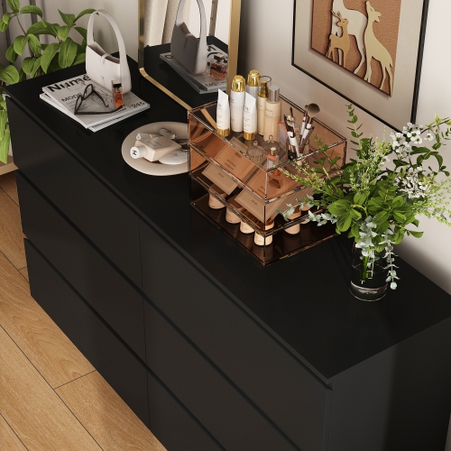 FUFU&GAGA Black 6-Drawer Standard Dresser with Silent Slide Rails, Anti-Tipping Safety Feature,Black