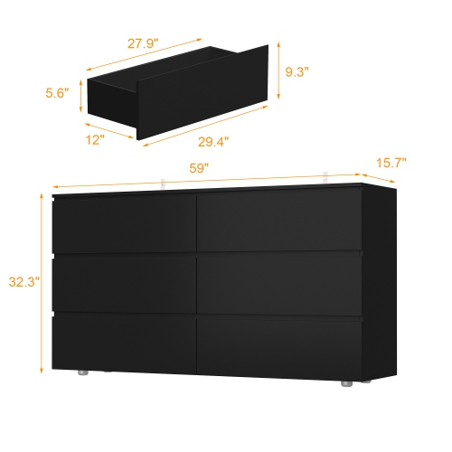 FUFU&GAGA Black 6-Drawer Standard Dresser with Silent Slide Rails, Anti-Tipping Safety Feature,Black