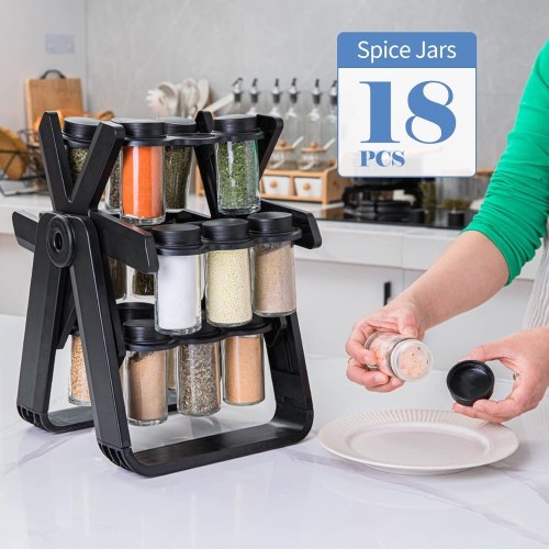 Rotating Spice Rack with 18 Jars, 360°Rotating Ferris Wheel Spice Rack Seasoning Organizer Seasoning Rack Tower with Label Paper Pen Folding Funnel