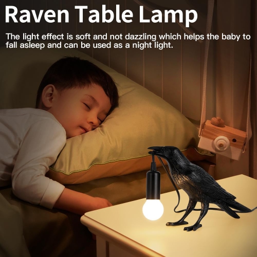 Raven Lamp - Raven Table Lamp with Light Bulb, Gothic Raven Lamp - Raven Decoration, Suitable for Bedside Bedroom Living Room Decoration