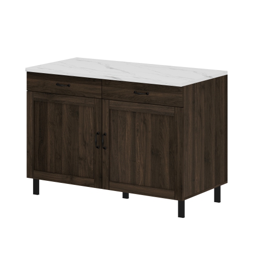 Famapy Kitchen Island with Storage, Marble-Grain Countertop, 2 Drawers & 4 Shelves, Metal Legs,,Dark Brown