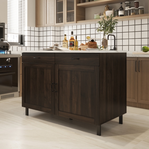 Famapy Kitchen Island with Storage, Marble-Grain Countertop, 2 Drawers & 4 Shelves, Metal Legs,,Dark Brown