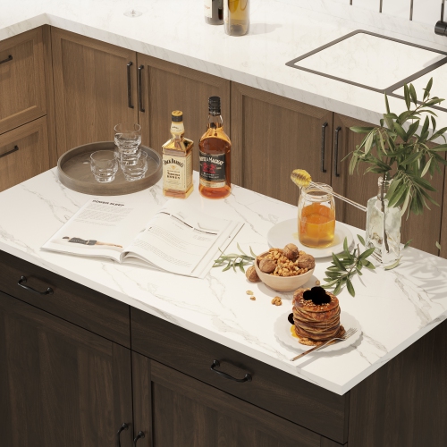 Famapy Kitchen Island with Storage, Marble-Grain Countertop, 2 Drawers & 4 Shelves, Metal Legs,,Dark Brown