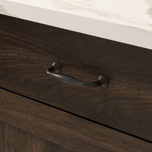 Famapy Kitchen Island with Storage, Marble-Grain Countertop, 2 Drawers & 4 Shelves, Metal Legs,,Dark Brown