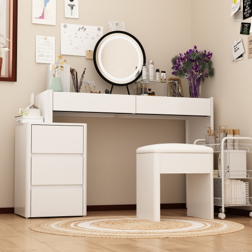Famapy 47.2-in White Makeup Vanity Set with Round LED Mirror, Adjustable Tabletop & 5 Drawers, Including Soft Stool