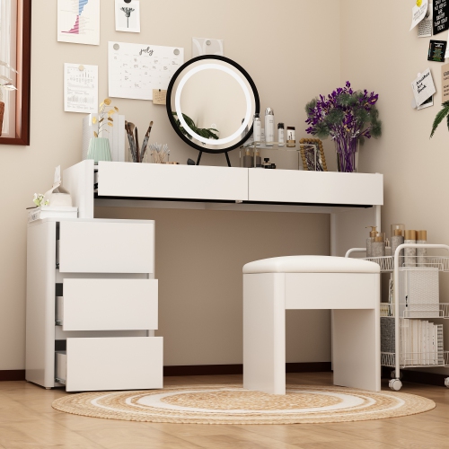 Famapy 47.2-in White Makeup Vanity Set with Round LED Mirror, Adjustable Tabletop & 5 Drawers, Including Soft Stool