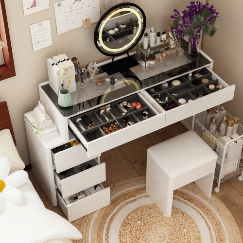 Famapy 47.2-in White Makeup Vanity Set with Round LED Mirror, Adjustable Tabletop & 5 Drawers, Including Soft Stool