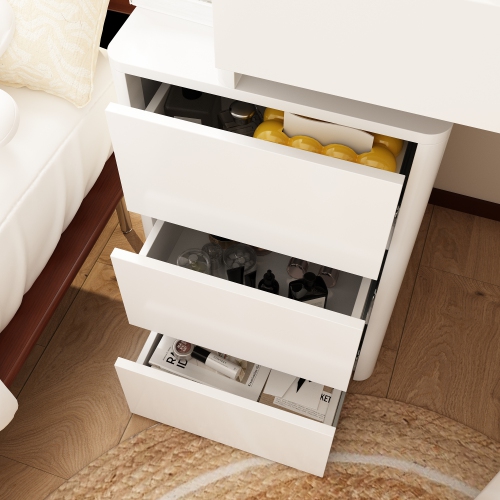 Famapy 47.2-in White Makeup Vanity Set with Round LED Mirror, Adjustable Tabletop & 5 Drawers, Including Soft Stool