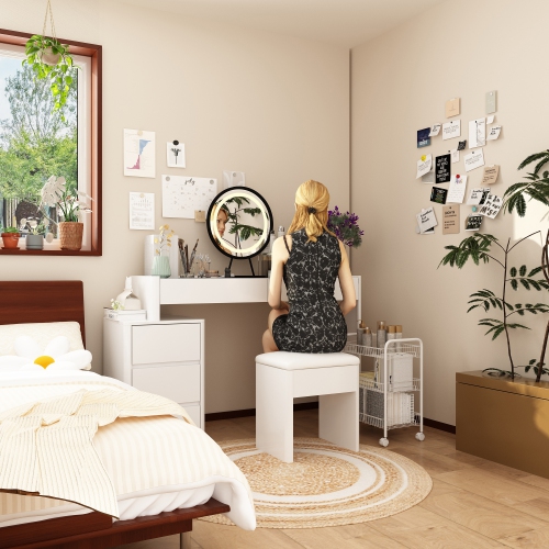 Famapy 47.2-in White Makeup Vanity Set with Round LED Mirror, Adjustable Tabletop & 5 Drawers, Including Soft Stool