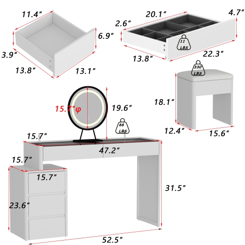 Famapy 47.2-in White Makeup Vanity Set with Round LED Mirror, Adjustable Tabletop & 5 Drawers, Including Soft Stool