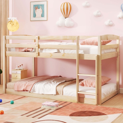 Costway Twin over Twin Low Bunk Bed with Guardrails Integrated Ladder Kids Wooden