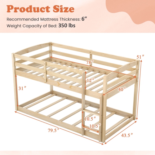 Costway Twin over Twin Low Bunk Bed with Guardrails Integrated Ladder Kids Wooden