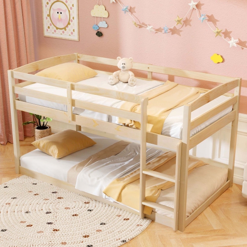 Costway Twin over Twin Low Bunk Bed with Guardrails Integrated Ladder Kids Wooden