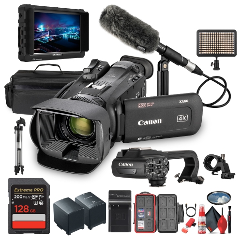 Canon XA60 PAL Professional UHD 4K Camcorder + Microphone + 7" Monitor + More