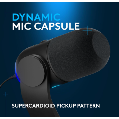 Logitech G Yeti GX Dynamic RGB Gaming Microphone, Podcast with LIGHTSYNC, Blue VO!CE, G HUB Control, Supercardioid, USB Plug and Play on PC/Mac -