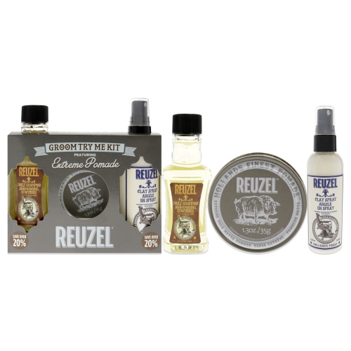 Extreme Hold Try Me Kit by Reuzel for Men - 3 Pc 1.3oz Extreme Hold Pomade, 3.38oz Clay Spray, 3.38 Daily Shampoo