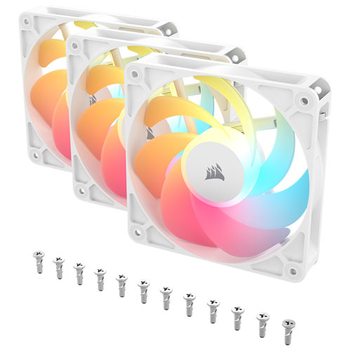 Ensemble de trois ventilateurs RVB adressable à modulation d'impulsion de 120 mm avec boîtier inversé RS120-R de Corsair - Blanc