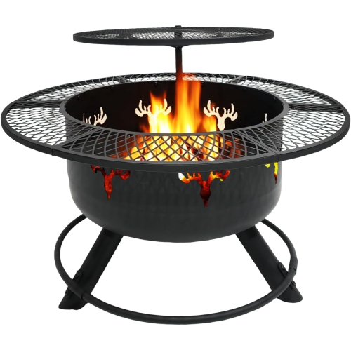 30.5" 3-Tier Outdoor Fire Pit,Top-Rotating Grill, Storage Shelf & Fire Basin with Poker/Grill Net Rotating Gatio, Storage Deck Fire Bowl, BBQ Fire