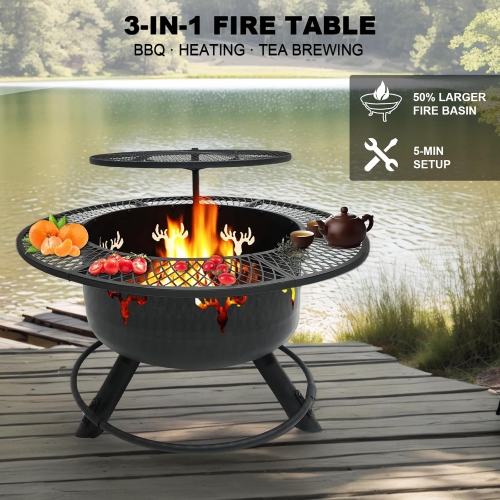 30.5" 3-Tier Outdoor Fire Pit,Top-Rotating Grill, Storage Shelf & Fire Basin with Poker/Grill Net Rotating Gatio, Storage Deck Fire Bowl, BBQ Fire