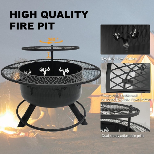 30.5" 3-Tier Outdoor Fire Pit,Top-Rotating Grill, Storage Shelf & Fire Basin with Poker/Grill Net Rotating Gatio, Storage Deck Fire Bowl, BBQ Fire