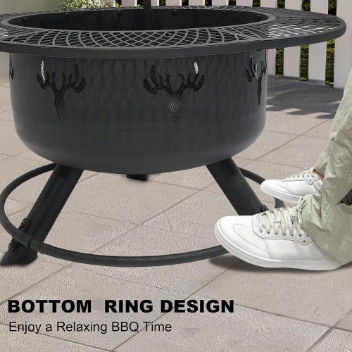 30.5" 3-Tier Outdoor Fire Pit,Top-Rotating Grill, Storage Shelf & Fire Basin with Poker/Grill Net Rotating Gatio, Storage Deck Fire Bowl, BBQ Fire