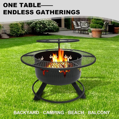 30.5" 3-Tier Outdoor Fire Pit,Top-Rotating Grill, Storage Shelf & Fire Basin with Poker/Grill Net Rotating Gatio, Storage Deck Fire Bowl, BBQ Fire