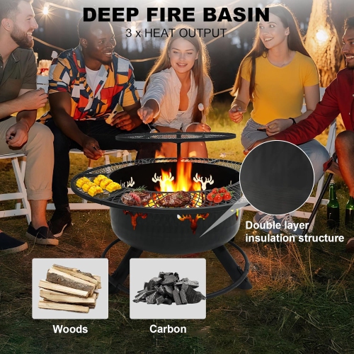 30.5" 3-Tier Outdoor Fire Pit,Top-Rotating Grill, Storage Shelf & Fire Basin with Poker/Grill Net Rotating Gatio, Storage Deck Fire Bowl, BBQ Fire
