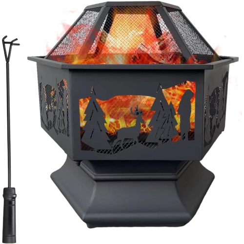 24'' Hexagon Outdoor Fire Pit Wood Burning Outdoor Fireplace with Poker and Mesh Patio Fire Pit Hex Shaped Fire Bowl Stove with Spark Screen Cover