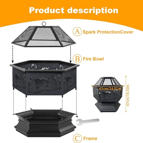 24'' Hexagon Outdoor Fire Pit Wood Burning Outdoor Fireplace with Poker and Mesh Patio Fire Pit Hex Shaped Fire Bowl Stove with Spark Screen Cover