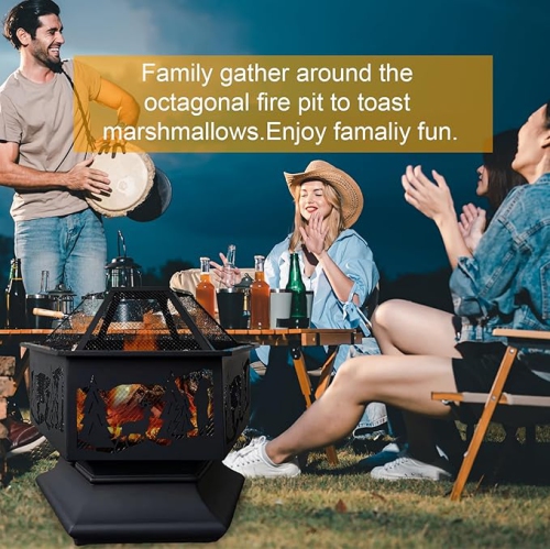 24'' Hexagon Outdoor Fire Pit Wood Burning Outdoor Fireplace with Poker and Mesh Patio Fire Pit Hex Shaped Fire Bowl Stove with Spark Screen Cover