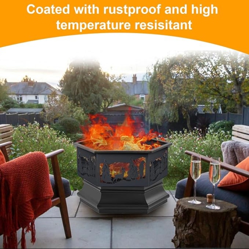 24'' Hexagon Outdoor Fire Pit Wood Burning Outdoor Fireplace with Poker and Mesh Patio Fire Pit Hex Shaped Fire Bowl Stove with Spark Screen Cover