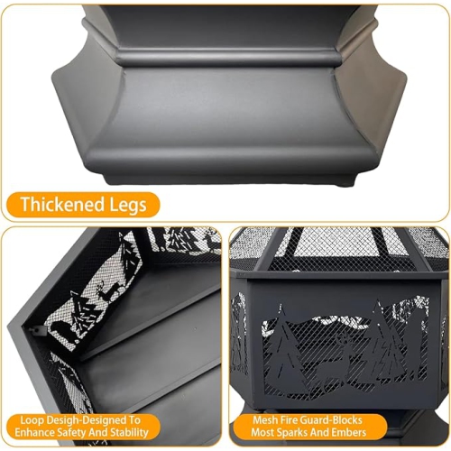 24'' Hexagon Outdoor Fire Pit Wood Burning Outdoor Fireplace with Poker and Mesh Patio Fire Pit Hex Shaped Fire Bowl Stove with Spark Screen Cover