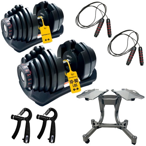 MotionGrey Adjustable Dumbbells 10-90 LB with High Strength Hand Grip & Converter - Dumbbell Stand, Jump Rope and Anti-Slip Metal Hand Equipment