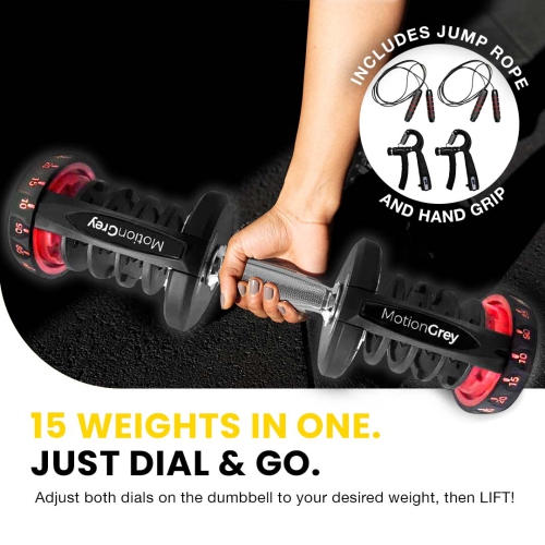 MotionGrey Adjustable Dumbbells 10-90 LB with High Strength Hand Grip & Converter - Dumbbell Stand, Jump Rope and Anti-Slip Metal Hand Equipment