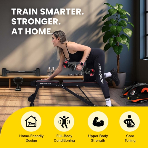Haltères réglables MotionGrey de 10-90 lb avec prise haute résistance et banc d'entraînement, corde à sauter et ensemble de mains antidérapantes en