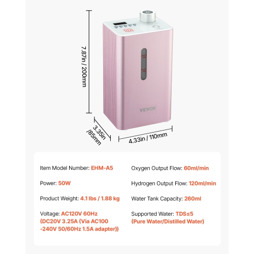 VEVOR 99.99% Hydrogen Inhalation Machine, High Purity Hydrogen Inhaler, HO-Separated 180ml/min Dual Port Hydrogen Oxygen Inhaler, Hydrogen-Rich Water