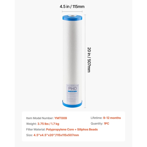 VEVOR 4.5" x 20" Whole House Water Filter Replacement Cartridge, Polyphosphate Scale Inhibitor Filter for Whole Home Water Filtration System, Reduce