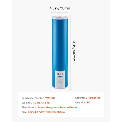 VEVOR 4.5" x 20" Whole House Water Filter Replacement Cartridge, Iron & Manganese Reducing Replacement Filter for 3-Stage Whole Home Water Filtration