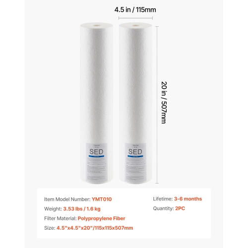 VEVOR 4.5" x 20" Whole House Water Filter Replacement Cartridge, Polypropylene Sediment Filter for 3-Stage Whole Home Water Filtration System, Reduce