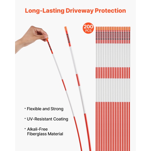 VEVOR 200Pcs Driveway Markers, 48 in Long 1/4 in Dia,Hi-Visibility Driveway Reflectors with 12 in Steel Drill Bits,Reflective Snow Sticks Fiberglass