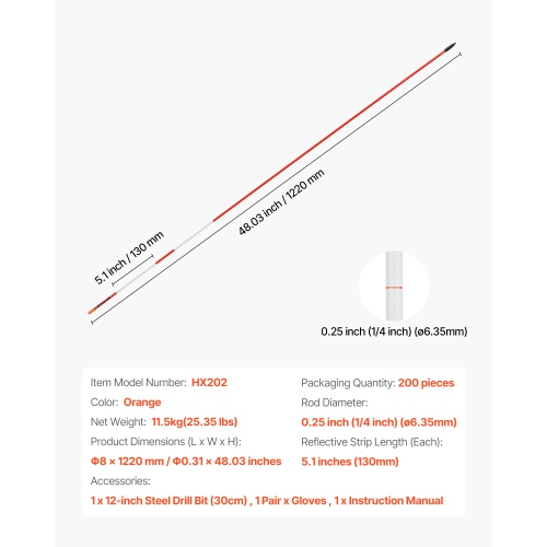 VEVOR 200Pcs Driveway Markers, 48 in Long 1/4 in Dia,Hi-Visibility Driveway Reflectors with 12 in Steel Drill Bits,Reflective Snow Sticks Fiberglass