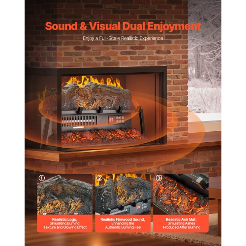 VEVOR 23 inch Electric Fireplace Log, Fireplace Insert Log Heater,with Crackling Sound,Remote Controller,5 Adjustable Flame Brightness, Timer,